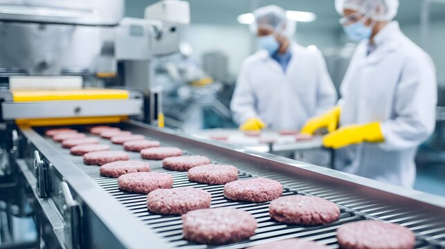 Close-up of beef burger patties moving along a factory conveyor belt