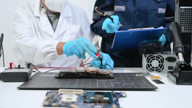Professional technician repairing and upgrading computer hardware, testing motherboard circuits, troubleshooting electronics
