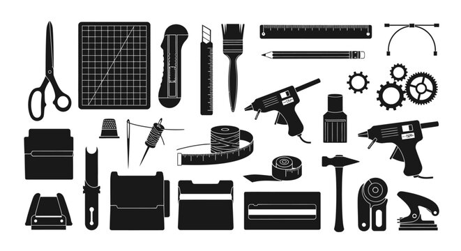 Collection of crafting and diy tools including scissors cutting mat utility knife brushes rulers pencils glue guns thread measuring tape thimble hammer and sewing machine parts