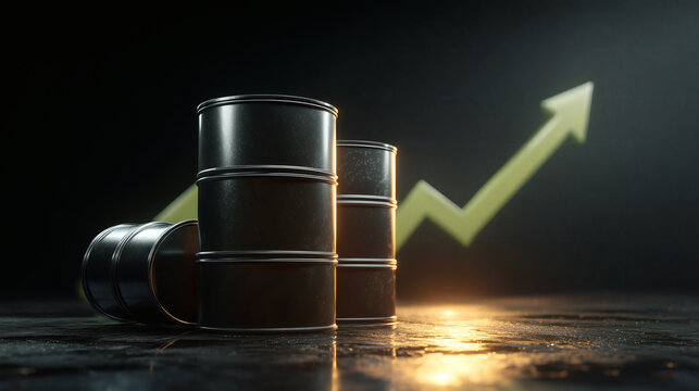 Crude oil barrels with a bold green upward arrow in a dark background, representing rising oil prices