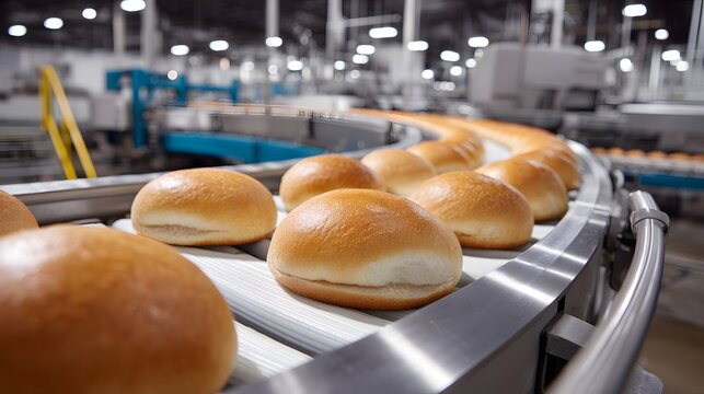 Buns on production line in food processing plant