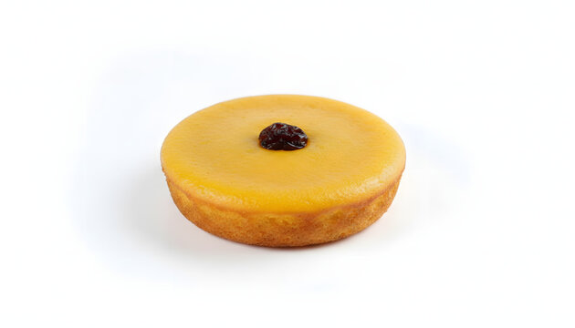 Indonesian Kue Lumpur, a soft and sweet yellow mud cake topped with a raisin, isolated on a white background