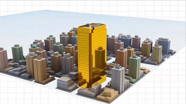 都市計画のために都市模型へ組み込まれる金色の住宅タワー