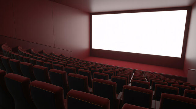 A dimly lit movie theater with rows of empty red seats facing a large blank screen