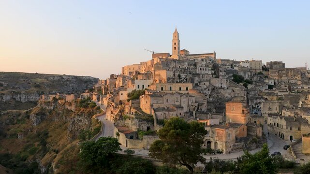 The Sassi of Matera. Panorama of the old town from the Saint Augustin church, Apulia, Italy.