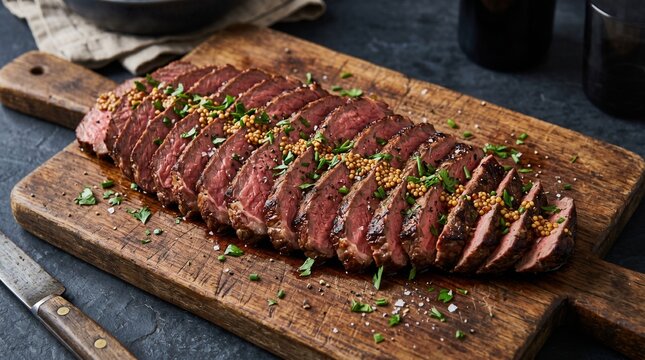 Grilled flank steak sliced on rustic wooden board, juicy medium rare beef with garlic and herbs, gourmet roasted meat for restaurant menu isolated PNG with Transparent Background