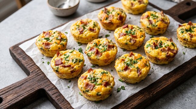 Homemade egg muffins with bacon and chives, savory breakfast protein bites on wooden board, keto friendly egg cups for meal prep isolated PNG with Transparent Background