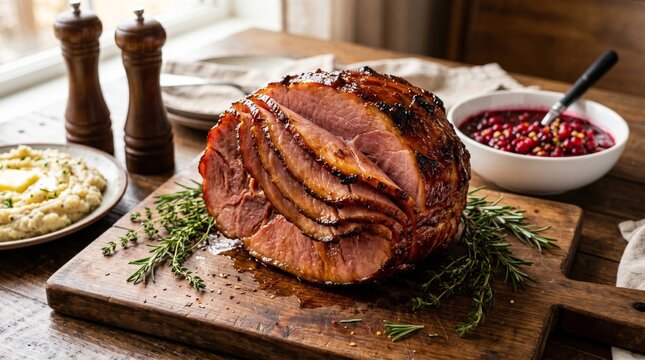 Honey glazed spiral sliced ham on wooden board, festive holiday dinner with cranberry sauce and mashed potatoes, traditional roasted pork feast isolated PNG with Transparent Background