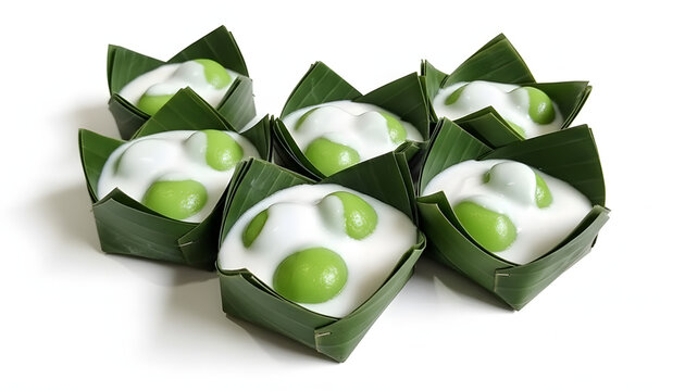 Indonesian Kue Bugis Mandi, soft green pandan sticky rice balls with sweet coconut filling served in savory coconut cream