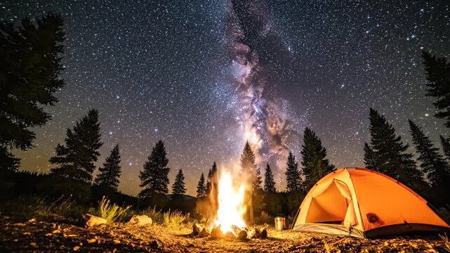Orange camping tent glows under a vibrant starry night sky with the Milky Way