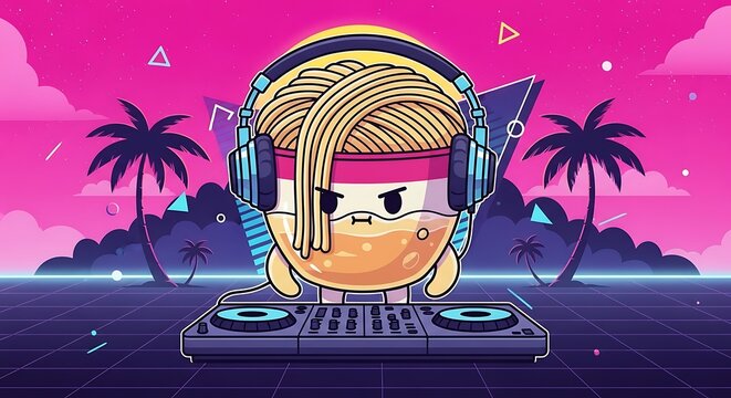 Animated food character with noodles, headphones, and a DJ setup in a retro sunset scene