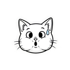 Fototapeta premium Scared white cat face with big eyes and sweat drop sticker.