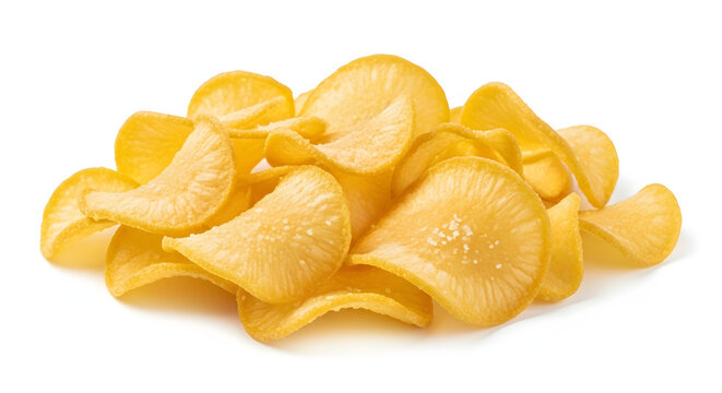 Crispy Indonesian Keripik Singkong, thinly sliced golden cassava chips with a satisfying crunch, isolated on a white background