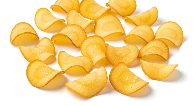 Crispy Indonesian Keripik Singkong, thinly sliced golden cassava chips with a satisfying crunch, isolated on a white background