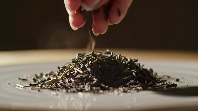 A hand pours dried tea leaves onto a white plate on a table, warm, elegant scene