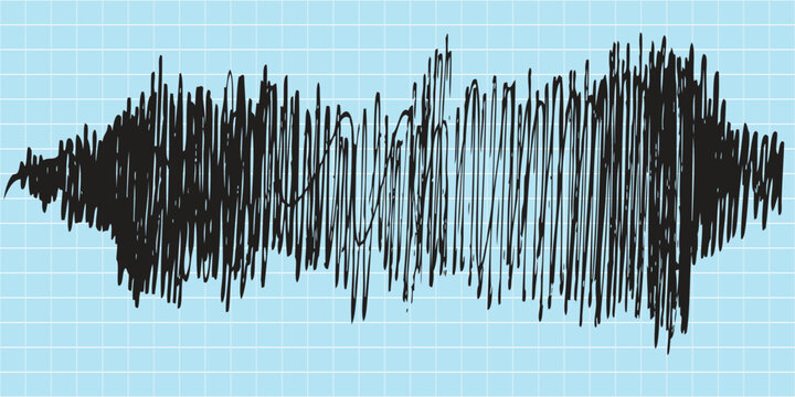 Double seismogram of seismic activity or lie detector record on blue chart paper. Earthquake audio wave diagram. Ground motion, volcano eruption. Polygraph or seismograph. Vector illustration