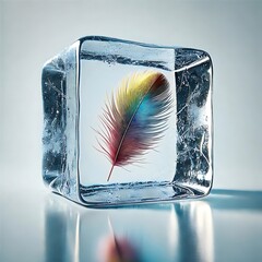 Obraz premium Vibrant rainbow feather encased in transparent ice cube on reflective surface