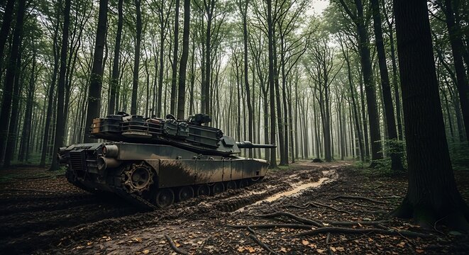 Military tank drives through dense forest environment during daylight
