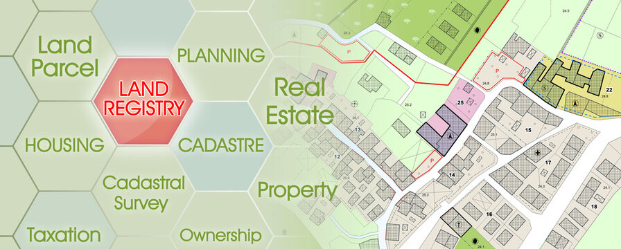 Land registry concept with an imaginary cadastral map of territory - Property Tax on buildings with land parcel and land registry document