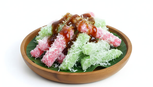 Colorful Indonesian Cenil, chewy sweet tapioca snacks topped with grated coconut and drizzled with palm sugar syrup