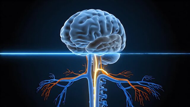 Abstract Medical Animation Showing the Central Nervous System and Peripheral Nerves with Brain and Spinal Cord Highlighted for Educational or Scientific Presentations