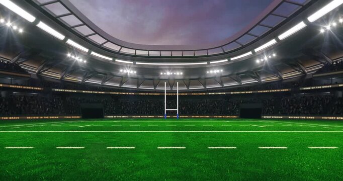 Rugby field at a sports stadium with shining spotlights and fans ready for the upcoming grand sporting event. Loopable professional sports advertisement video background.