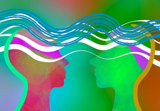 Illustrazione grafica due persone che comunicano con pensiero. Empatia. 