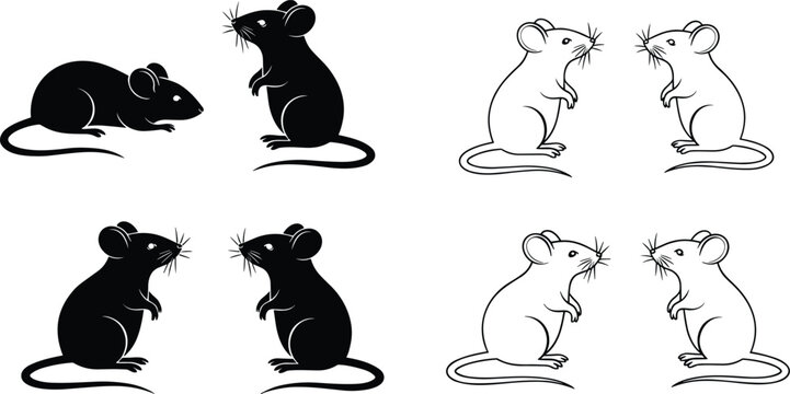 Mouse silhouettes and outlines collection isolated on white background, rodent vector illustration set, small animal design, wildlife icon, different poses