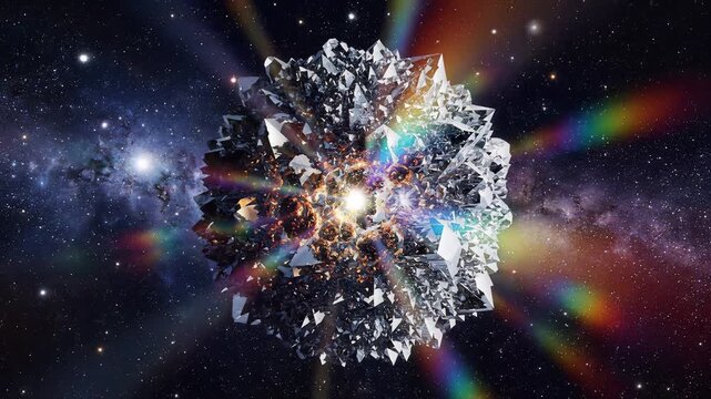 Glowing Crystalline Asteroid with Rainbow Lens Flare in Deep Space