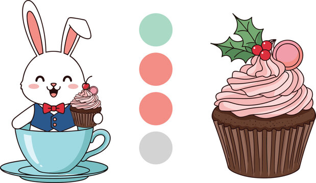 Cute Bunny Sitting in Teacup with Cupcake and Sweet Dessert Illustration Featuring Festive Chocolate Muffin with Cream Frosting for Bakery Design