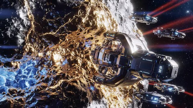 Futuristic space fleet mining resources from a giant asteroid