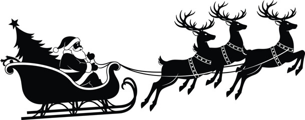 Santa Claus sleigh with reindeer silhouettes flying isolated on white background, Christmas holiday festive vector illustration design element © uzzala