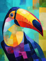 Fototapeta premium Toco toucan with large orange bill and black plumage in patchwork oil paint style on turquoise geometric background concept of tropical vibrancy