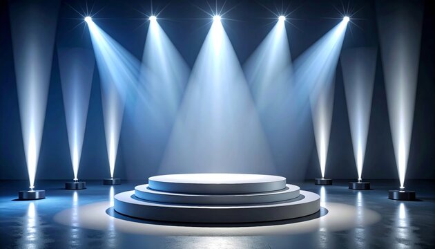A brightly lit stage with spotlight beams.