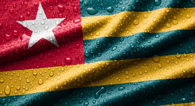 Close-up of the national flag of Togo, featuring its distinctive red square with a white star, and five horizontal stripes of green and yellow, all covered in glistening water droplets.