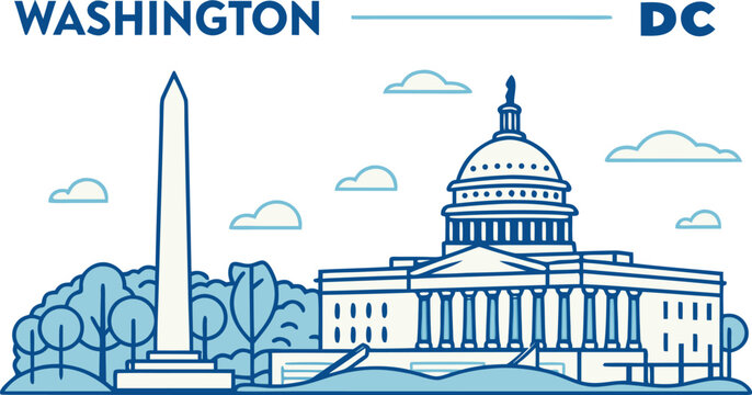 Washington DC skyline vector art in blue. Minimal urban silhouette for wall decor.