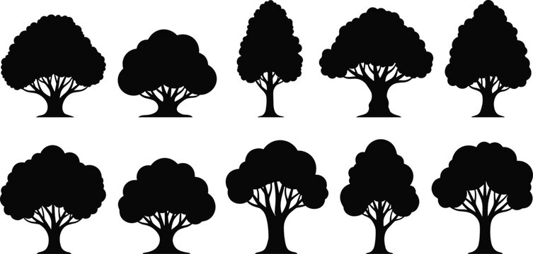 Set of tree silhouettes collection with various shapes, black nature elements for landscape design, forest illustration, and environmental concept