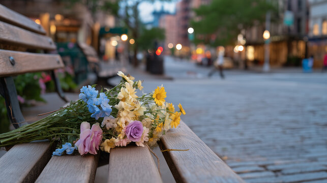 Rain soaked sidewalk at dusk with single bouquet of wildflowers left at a bench, grief memorial in urban setting, anonymous mourning gesture, silent loss tribute, mothers day remembrance for bereave