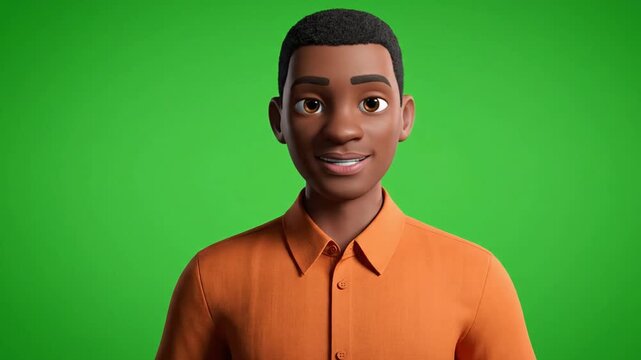 A simple and clean 3D animated male avatar in a orange shirt, presented on a green screen background. Great for presentations, explainer videos, or corporate animations.