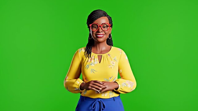 woman in yellow floral blouse on green screen background