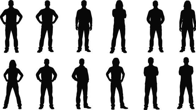 Standing people silhouettes set featuring men and women in casual poses for character, lifestyle, profile, and vector illustration design
