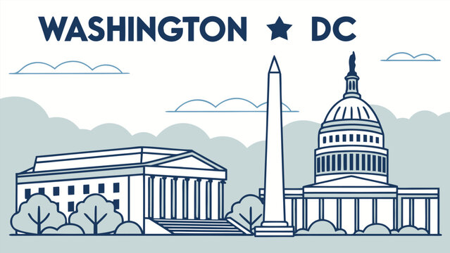 Modern Washington DC cityscape blue silhouette. Minimalist vector illustration for home decor