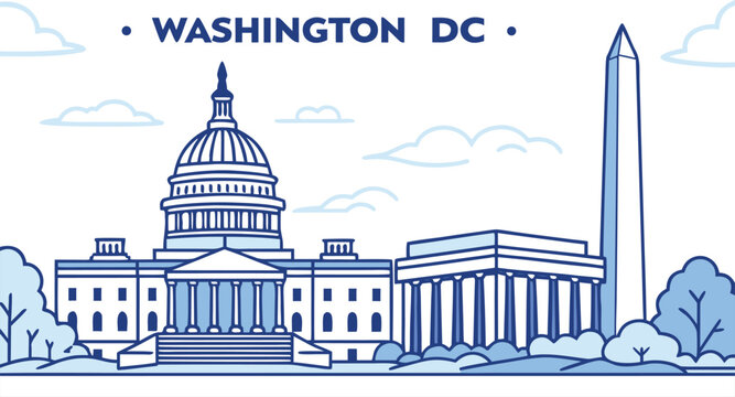 Washington DC skyline silhouette with minimalist blue design. Travel poster vector illustration