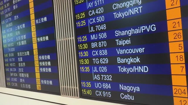 Departure board at Taiwan airport showing destinations and flight times