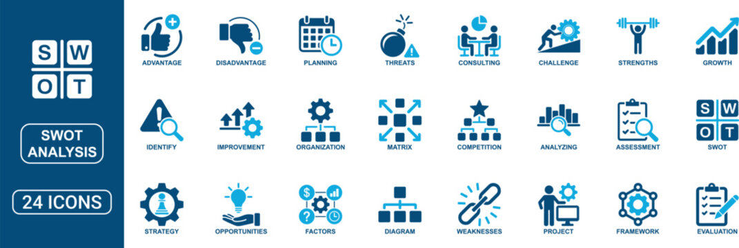 SWOT Analysis Solid Icon Set Featuring Strengths Weaknesses Opportunities Threats Strategy Planning Assessment Framework Competition and Business Evaluation Vector Icons Collection