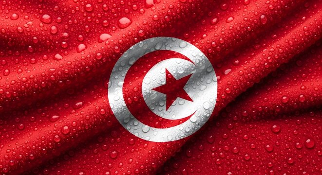 Tunisian flag with water droplets on a textured, wavy fabric surface, showcasing national colors and symbols.
