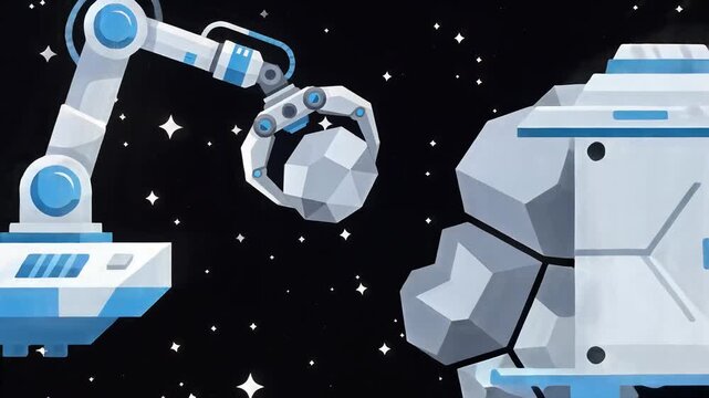 Robotic Arm Mining Asteroid for Resources in Outer Space Illustration