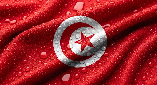 Close-up of the Tunisian flag with water droplets on its red fabric, showcasing the white circle with a red crescent and star.