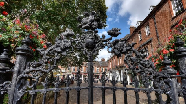Intricate decorative cast iron gate with floral motifs framing a picturesque street scene