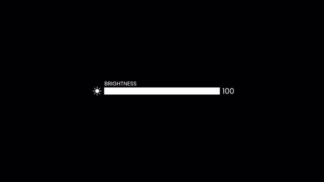 Screen brightness adjustment bar animation on transparent background, Display brightness control slider bar with alpha channel, Simple brightness indicator animation, Increasing brightness bar